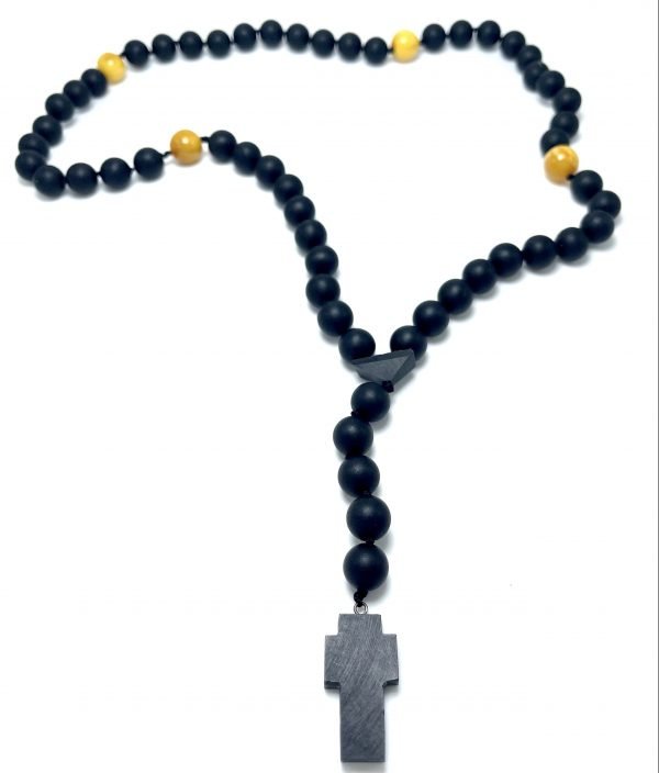 Krikščioniškas juodo gintaro rožinis 10 mm, Black amber round beads Christian rosary 10 mm