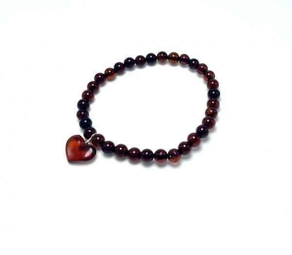 Vyšninio gintaro rutuliukų apyrankė su širdele,Cherry amber round beads bracelet with heart