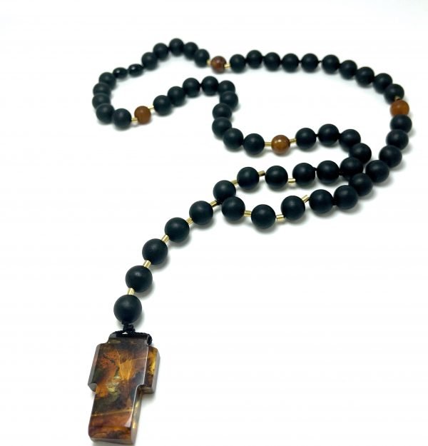 Krikščioniškas juodo gintaro rožinis 10 mm,Black amber round beads Christian rosary 10 mm