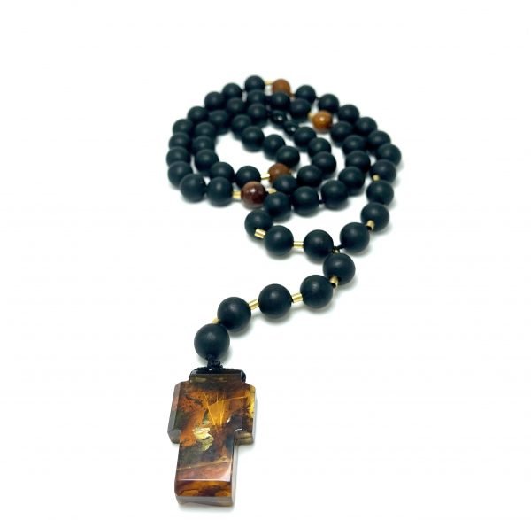 Krikščioniškas juodo gintaro rožinis 10 mm,Black amber round beads Christian rosary 10 mm