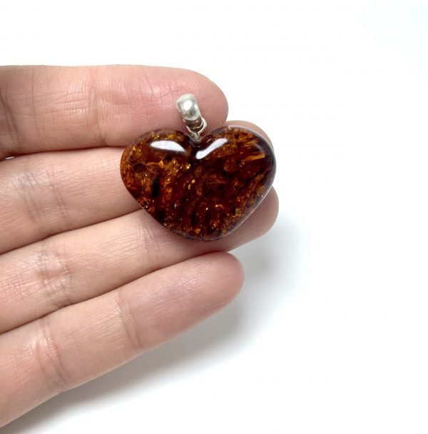 Tamsaus konjako gintaro širdelė pakabukas Sidabras 925, Dark cognac amber heart pendant Sterling silver