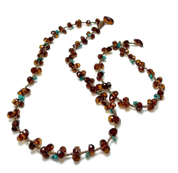 Deimantinio šlifavimo gintaro karoliai su turkiu, Faceted amber necklace with turquoise