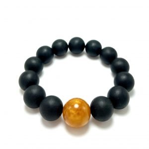 Juoda & geltona gintaro rutuliukų apyrankė 15 mm, Black & yellow amber round beads stretch bracelet 15 mm