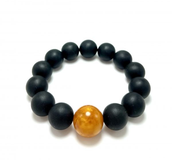 Juoda & geltona gintaro rutuliukų apyrankė 15 mm, Black & yellow amber round beads stretch bracelet 15 mm