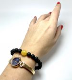 Juoda & balta gintaro rutuliukų apyrankė 8 mm,Black & white amber round beads stretch bracelet 8 mm