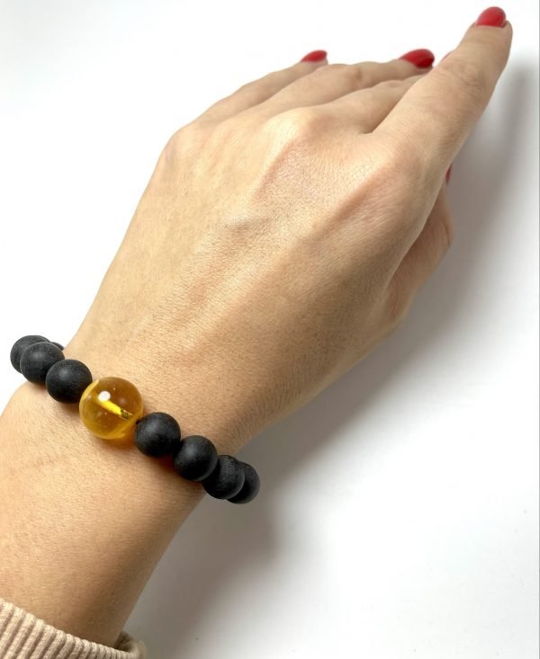 Juoda & skaidri gintaro rutuliukų apyrankė 10 mm,Black & transparent amber round beads stretch bracelet 10 mm