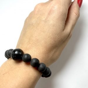 Juodo gintaro rutuliukų apyrankė 10 mm, Black amber round beads stretch bracelet 10 mm