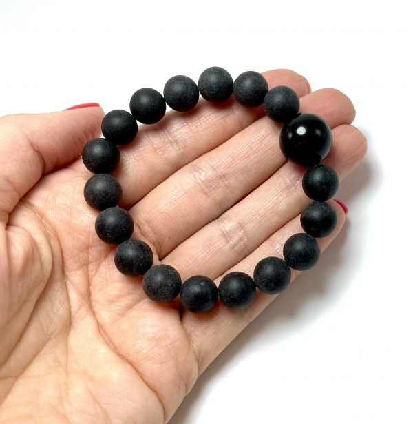 Juodo gintaro rutuliukų apyrankė 10 mm, Black amber round beads stretch bracelet 10 mm