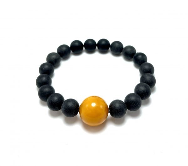 Juoda & geltona gintaro rutuliukų apyrankė 10 mm,Black & yellow amber round beads stretch bracelet 10 mm