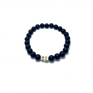 Juoda gintaro rutuliukų apyrankė 8 mm su kaukole,Black amber round beads stretch bracelet 8 mm with skull