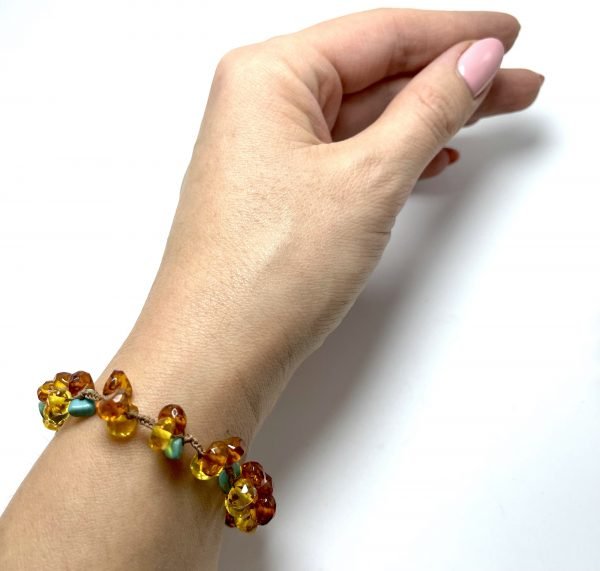 Deimantinio šlifavimo šviesaus gintaro apyrankė su turkiu,Faceted light amber bracelet with turquoise