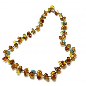 Deimantinio šlifavimo šviesaus gintaro karoliai su turkiu,Faceted light amber necklace with turquoise