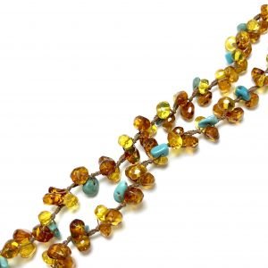 Deimantinio šlifavimo šviesaus gintaro karoliai su turkiu,Faceted light amber necklace with turquoise