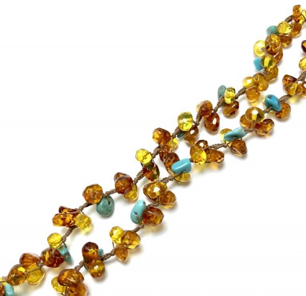 Deimantinio šlifavimo šviesaus gintaro karoliai su turkiu,Faceted light amber necklace with turquoise