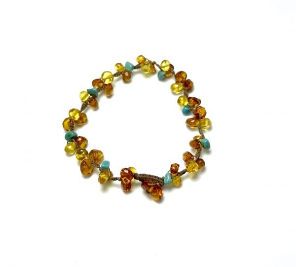 Deimantinio šlifavimo šviesaus gintaro apyrankė su turkiu,Faceted light amber bracelet with turquoise