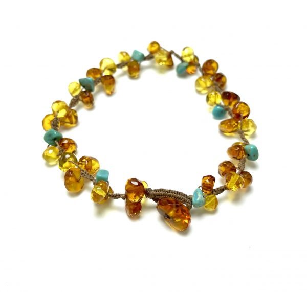 Deimantinio šlifavimo šviesaus gintaro apyrankė su turkiu,Faceted light amber bracelet with turquoise