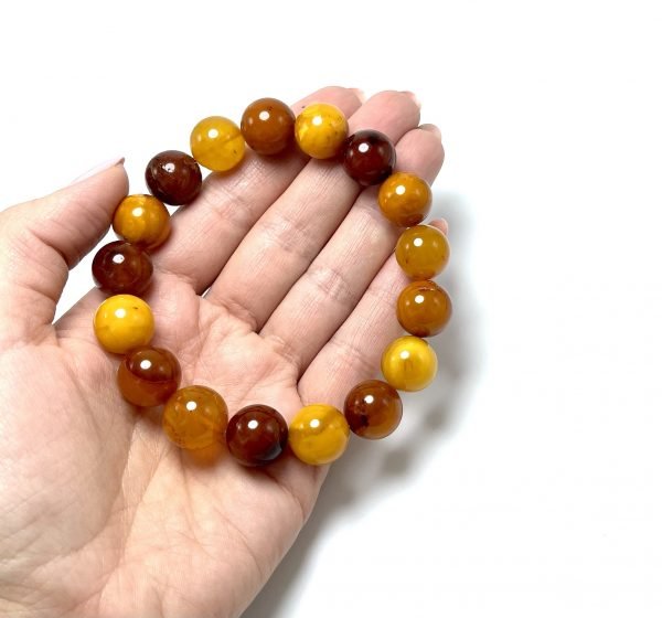 Antikvarinė geltono gintaro rutuliukų apyrankė 14 mm,Antique yellow amber round beads stretch bracelet 14 mm