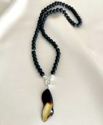 Juodo gintaro rutuliukų vėrinys su pakabuku,Black amber round beads necklace with pendant