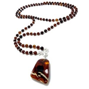 Raudono gintaro rutuliukų karoliai su pakabuku,Red amber round beads necklace with pendant