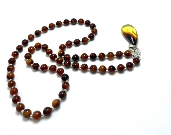 Rudo gintaro rutuliukų vėrinys su pakabuku,brown amber round beads necklace with pendant