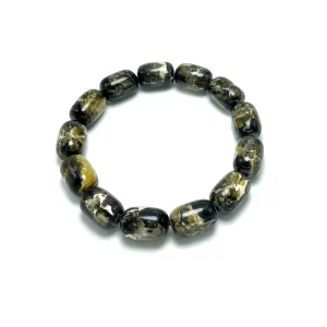 Vyriška juodo gintaro tablečių formos apyrankė, Men's black amber barrel shaped stretch bracelet