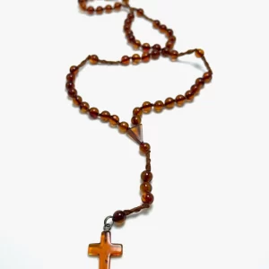 Krikščioniškas gintaro rožinis - konjako spalva,Cognac amber round beads Christian rosary