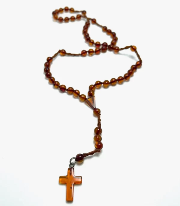 Krikščioniškas gintaro rožinis - konjako spalva,Cognac amber round beads Christian rosary