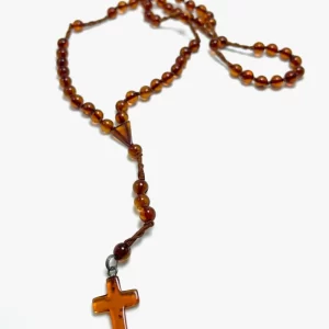 Krikščioniškas gintaro rožinis - konjako spalva,Cognac amber round beads Christian rosary