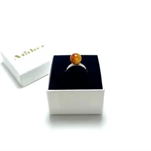 Raudono gintaro apvalus reguliuojamas žiedas Sidabras 925,Red amber round bead adjustable ring Sterling silver