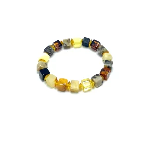 Įvairiaspalvė gintarinių kubelių ir gelsvų diskelių formos apyrankė, Multicolor amber cube and honey disk beads bracelet