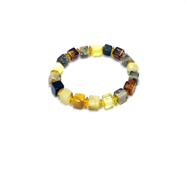 Įvairiaspalvė gintarinių kubelių ir gelsvų diskelių formos apyrankė, Multicolor amber cube and honey disk beads bracelet