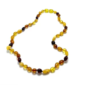 Paauglių gintaro karoliai - įvairiaspalvės slyvutės, Teenagers amber necklace - multicolored olive beads 