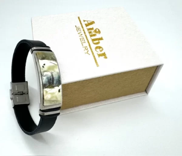 Balto gintaro apyrankė su juoda oda, White amber bracelet with black leather