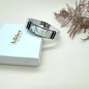 Balto gintaro ir baltos odos apyrankė 14 mm, White amber and white leather bracelet 14 mm