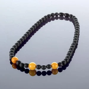 Juodi gintaro rutuliukų karoliai, 7x10mm, Round black amber necklace, 7x10mm