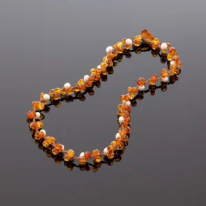 Konjako spalvos deimantinio šlifavimo karoliai su perlais, Faceted cognac amber necklace with pearls
